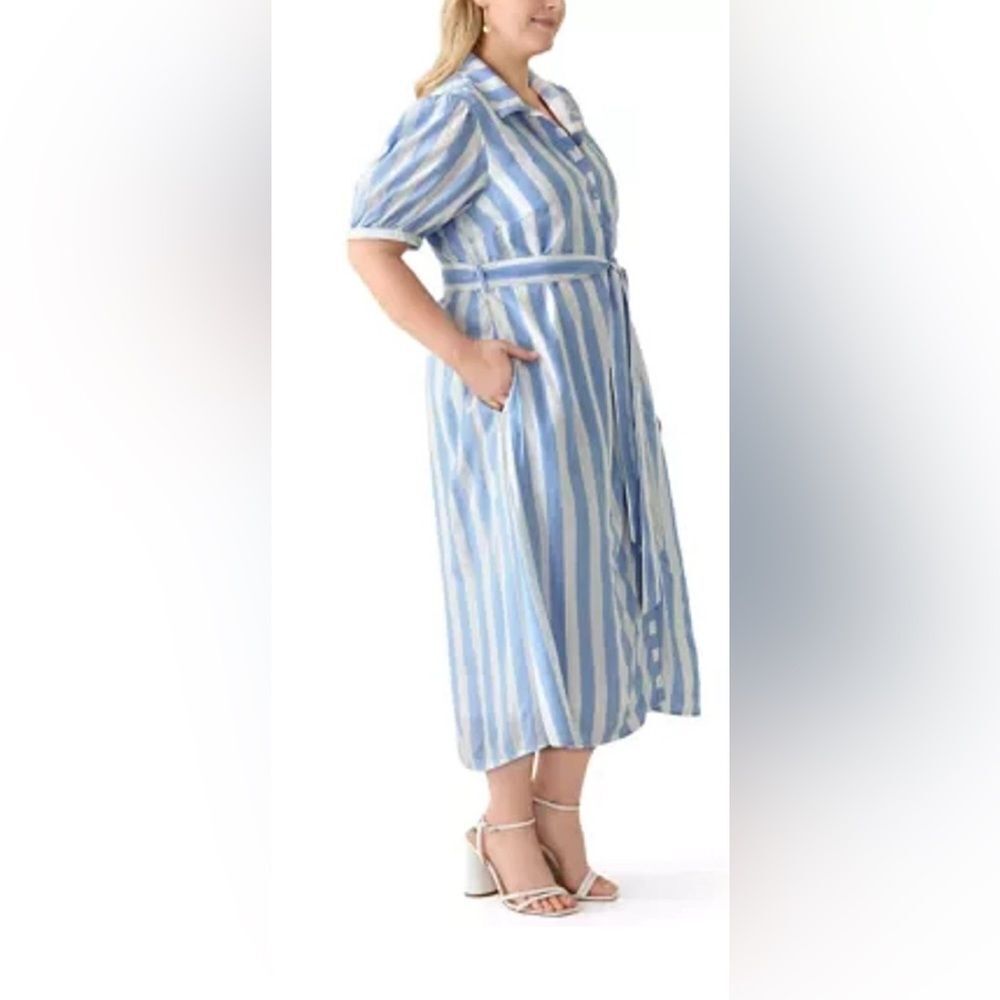 Crown & Ivy Women’s Blue White Striped Belted Shirt Dress 3X NWT - Picture 2 of 15
